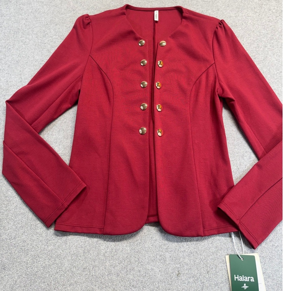 Halara Women's Red Gold Button Stretch Knit Blazer Jacket Size Small NWT Work